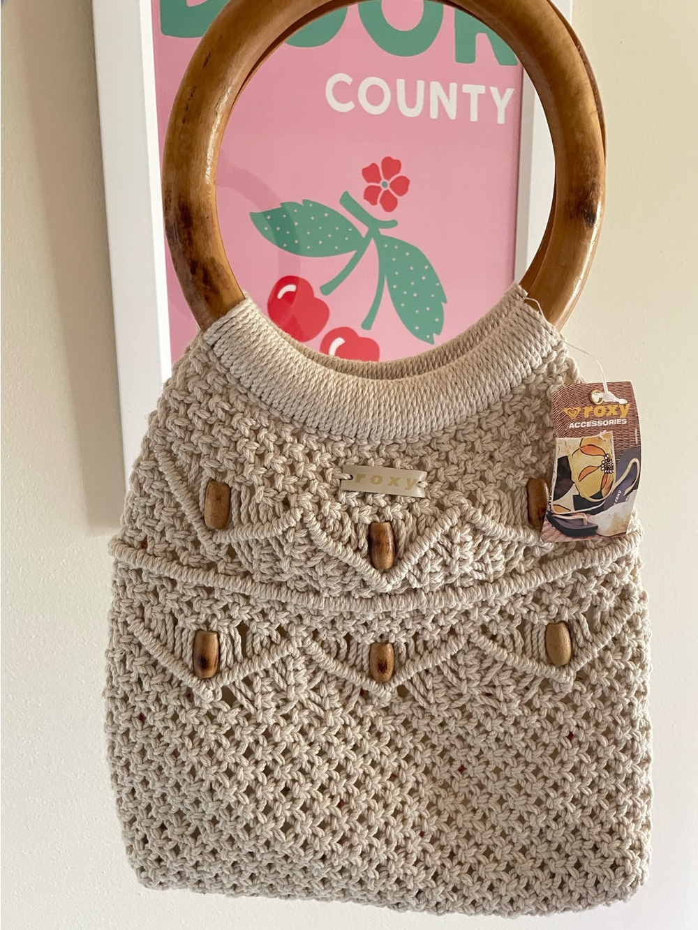 Roxy Vintage 90s Y2K Deadstock  Crochet Beaded Purse Bag Round Wooden Handles